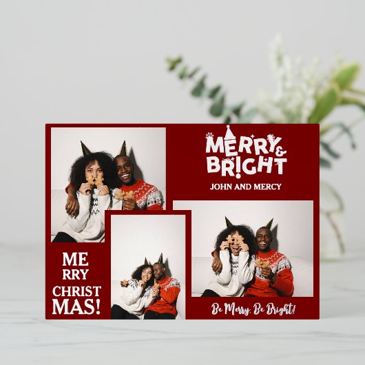 シンプルタイポグラフィエレガントクリスマスカップル3写真 箔シーズンカード (立ち正面)
