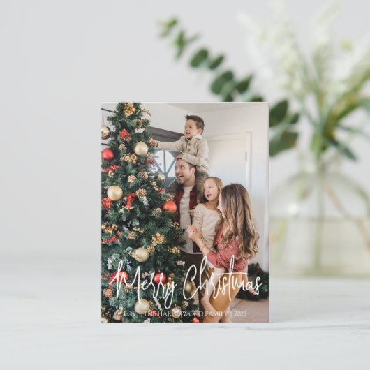 シンプルタイポグラフィエレガントファミリークリスマスフォト シーズンポストカード (スタンド正面)