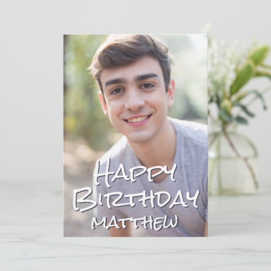 シンプルタイポグラフィカスタムフォト誕生日グリーティング カード (スタンド正面)