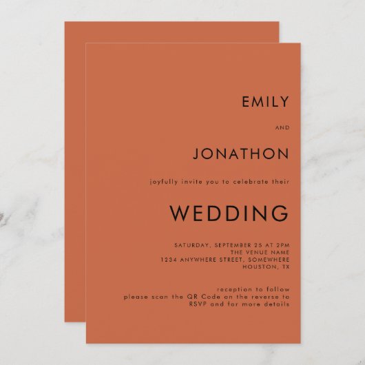 シンプルタイポグラフィテラコッタQRコード結婚ズ 招待状 (正面/裏面)