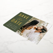 シンプルタイポグラフィフォトオリーブグリーン結婚ズ 箔招待状 (回転した状態)