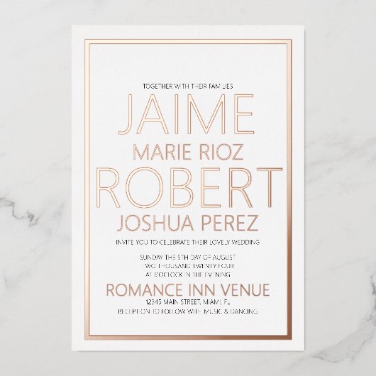 シンプルタイポグラフィブラックのホイ結婚ル 箔招待状 (正面)