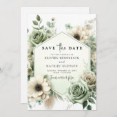シンプルタイポグラフィユニークセージグリーン結婚ズ セーブザデート (正面/裏面)