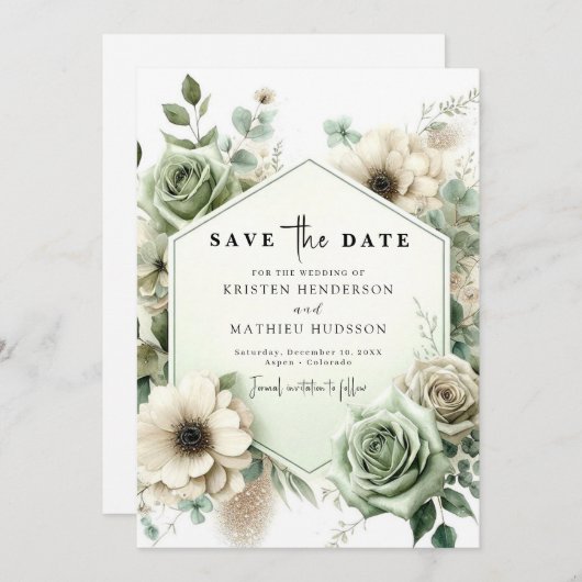 シンプルタイポグラフィユニークセージグリーン結婚ズ セーブザデート (正面/裏面)