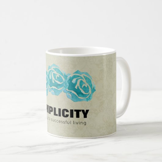 シンプルタイポグラフィ引用文とティール(緑がかった色)バラ コーヒーマグカップ (正面右)