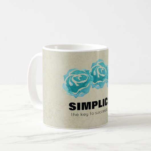 シンプルタイポグラフィ引用文とティール（緑がかった色）バラ コーヒーマグカップ (正面左)