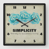 シンプルタイポグラフィ引用文とティール(緑がかった色)バラ スクエア壁時計 (正面)