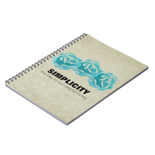 シンプルタイポグラフィ引用文とティール(緑がかった色)バラ ノートブック (左側)