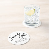 シンプルタイポグラフィ日付を保存する白黒 ラウンドペーパーコースター (インサイチュ)