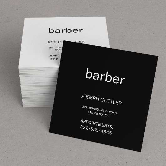シンプルタイポグラフィ白黒理容師スタイリスト スクエア名刺