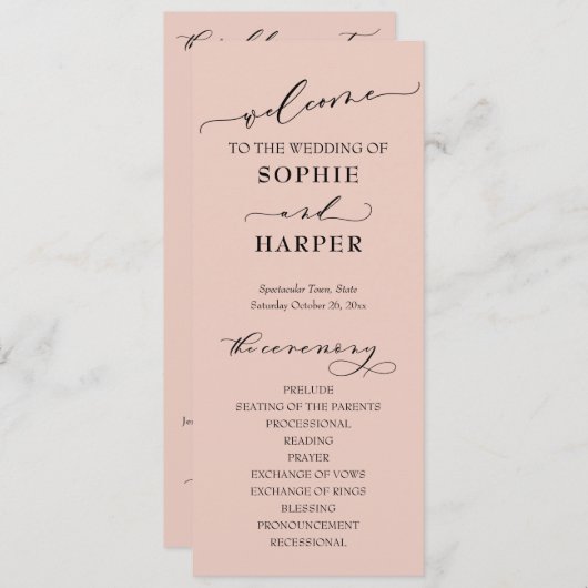 シンプルタイポグラフィ、ライトエレガント赤面ピンク プログラム (正面/裏面)