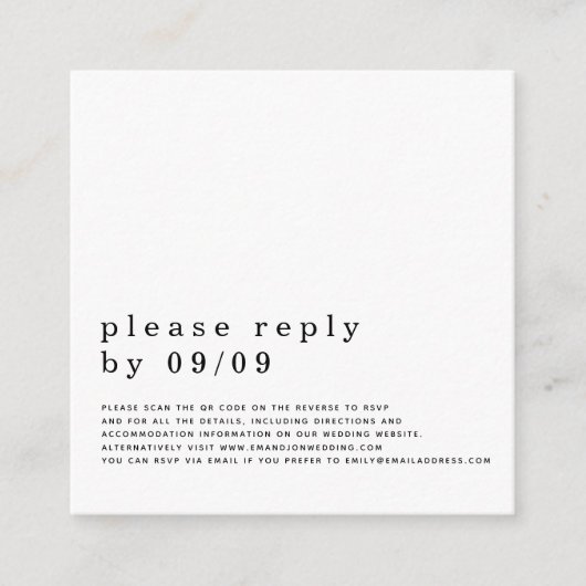 シンプルタイポグラフィQRコードの結婚白黒RSVP エンクロージャーカード (正面)