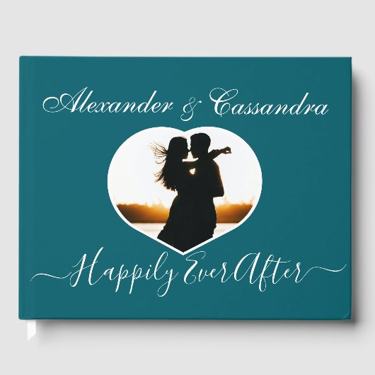 シンプルターコイズティール(緑がかった色)ブルーフォト結婚ズ ゲストブック (正面)