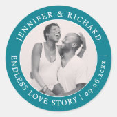 シンプルターコイズユニークティール(緑がかった色)ラブフォト結婚ズ ラウンドシール (正面)