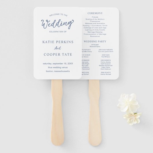 シンプルダスティブルーはっきりしたフォントモダン結婚式 プログラム ハンドファン (正面&裏面)