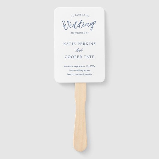 シンプルダスティブルーはっきりしたフォントモダン結婚式 プログラム ハンドファン (正面)