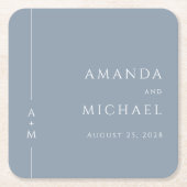 シンプルダスティブルーエレガントクラシックモノグラム結婚ズ スクエアペーパーコースター (正面)
