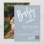 シンプルダスティブルースクリプトベビーシャワーQRコードフォト 招待状 (正面/裏面)