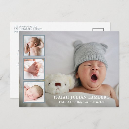 シンプルダスティブルーボーイフォトコラージュモダン誕生 案内ポストカード (正面/裏面)