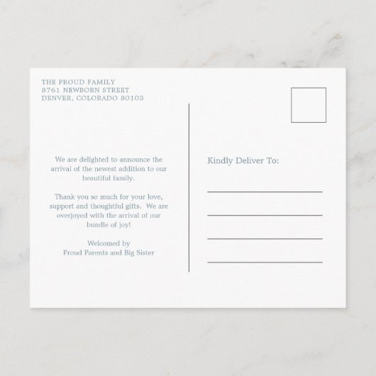 シンプルダスティブルーボーイフォトコラージュモダン誕生 案内ポストカード (裏面)