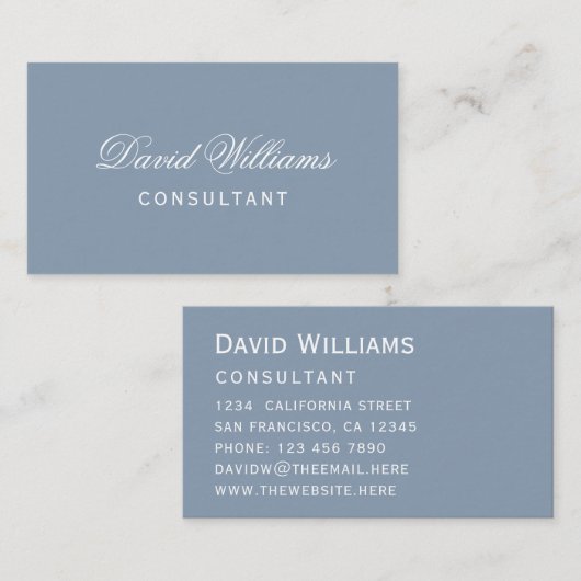 シンプルダスティブルーモダンカラーホワイトスクリプト 名刺 (正面/裏面)