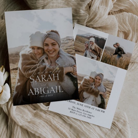 シンプルダブルお祝い写真卒業パーティー 招待状