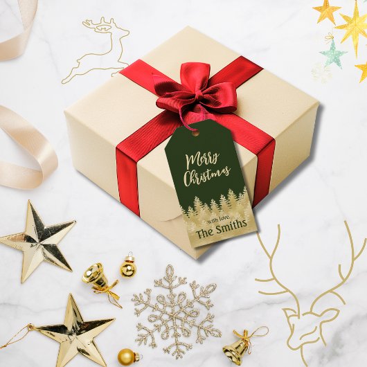 シンプルダークグリーン金ゴールド松の木メリークリスマス ギフトタグ