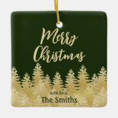 シンプルダークグリーン金ゴールド松の木メリークリスマス セラミックオーナメント (正面)