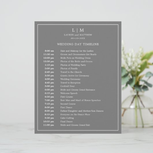 シンプルダークグレーモノグラムエレガントなウェディングタイムライン (スタンド正面)