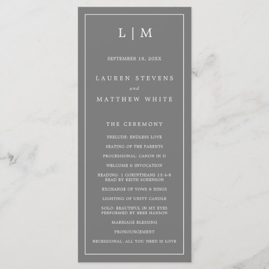 シンプルダークグレーモノグラムエレガントな結婚式 プログラム (正面)