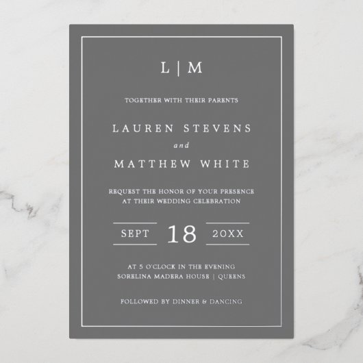 シンプルダークグレーモノグラムエレガントな結婚式 箔招待状 (正面)