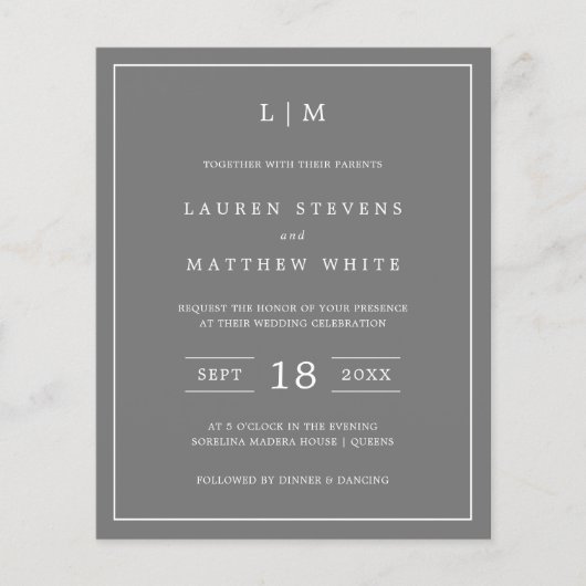 シンプルダークグレーモノグラムバジェットウェディング招待 (正面)