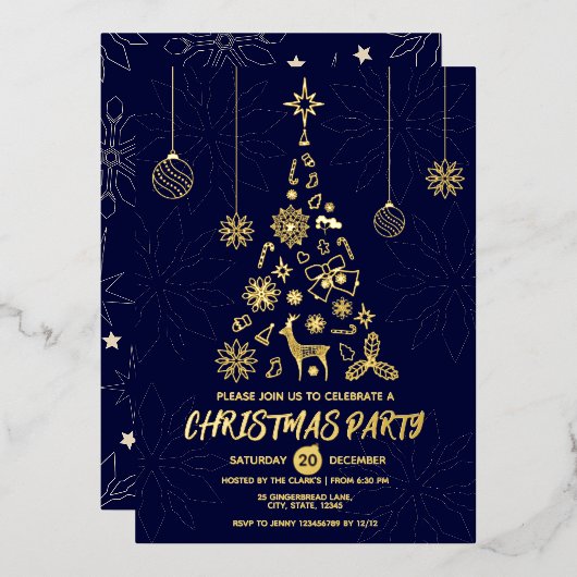 シンプルダークブルーと金ゴールドエレガントクリスマスツリー 箔招待状 (正面/裏面)