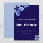 シンプルダークブルー水カラーフローラ結婚ズ セーブザデート (正面/裏面)
