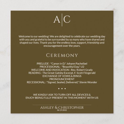 シンプルダークブロンズ結婚モノグラム式 プログラム (正面)