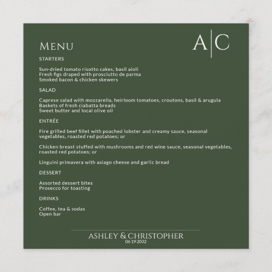 シンプルダークモスグリーンモノグラムウェディングレセプション メニュー (正面)