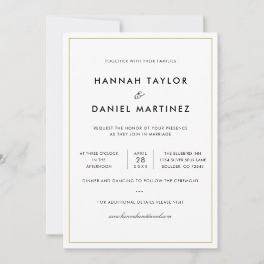 シンプルチックなミニマルエレガント金ゴールド結婚アクセント 招待状 (正面)