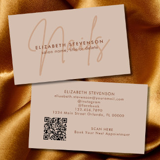 シンプルチョコレートブラウンスクリプトネイルアーティストQRコード 名刺