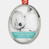 シンプルティール(緑がかった色)とホワイトカスタムフォトクリスマス メタルオーナメント (左)