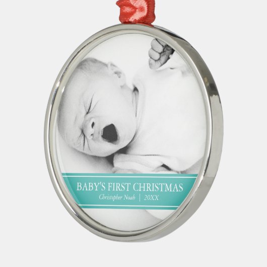 シンプルティール(緑がかった色)とホワイトカスタムフォトクリスマス メタルオーナメント (左)