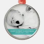 シンプルティール（緑がかった色）とホワイトカスタムフォトクリスマス メタルオーナメント (正面)