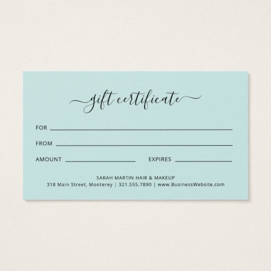 シンプルティール（緑がかった色）エレガントターコイズギフト券 (裏面)