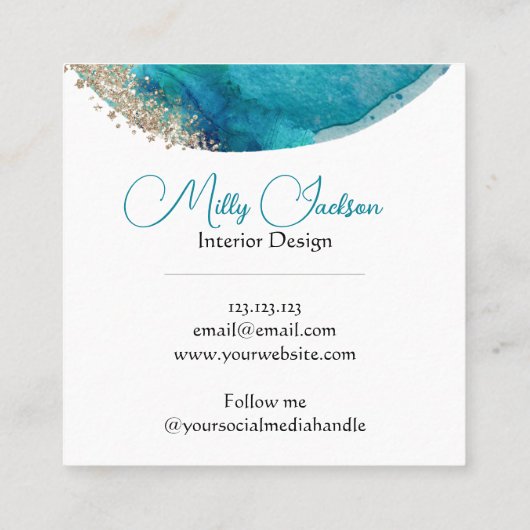 シンプルティール（緑がかった色）エレガント金ゴールド水彩カスタム スクエア名刺 (裏面)