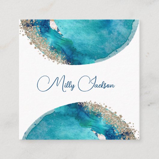シンプルティール（緑がかった色）エレガント金ゴールド水彩カスタム スクエア名刺 (正面)