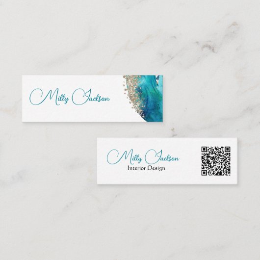 シンプルティール（緑がかった色）エレガント金ゴールド水色カスタムQR スキニー名刺 (正面/裏面)