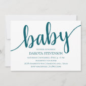 シンプルティール(緑がかった色)スクリプト | 濃い青と緑の赤ちゃんシャワー 招待状 (正面)