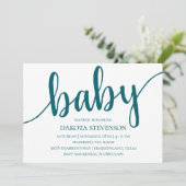シンプルティール(緑がかった色)スクリプト | 濃い青と緑の赤ちゃんシャワー 招待状 (スタンド正面)