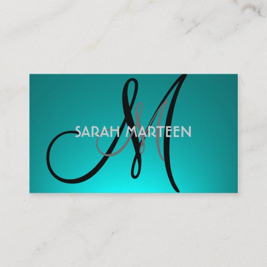 シンプルティール（緑がかった色）フェードカスタムモノグラムカード 名刺 (正面)