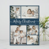 シンプルティール(緑がかった色)ホワイト5フォトコラージュクリスマス シーズンカード (スタンド正面)