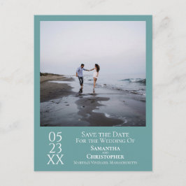 シンプルティール（緑がかった色）ミニマルウェディング日付の写真を保存 ポストカード
